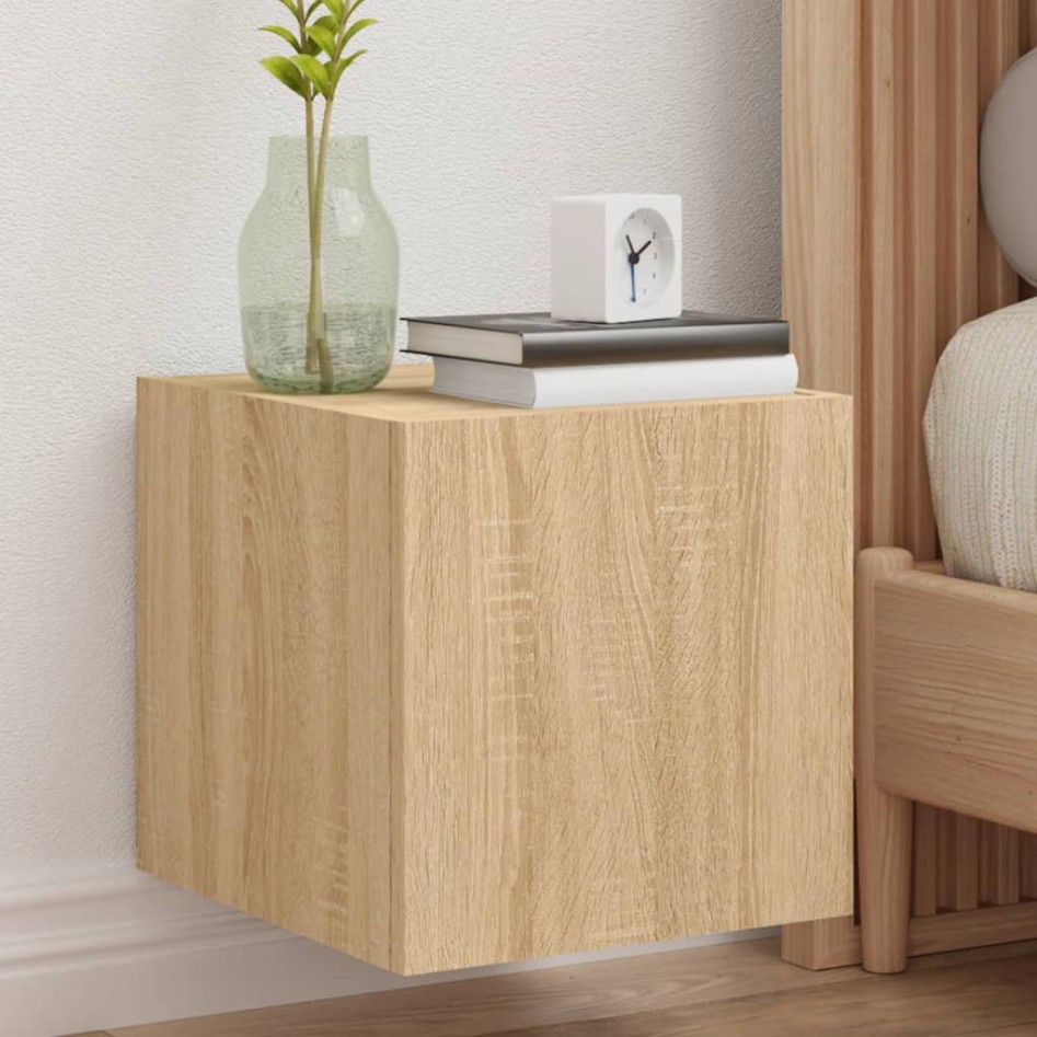 Muebles de TV pared luces LED 2 uds roble Sonoma 30,5x35x30