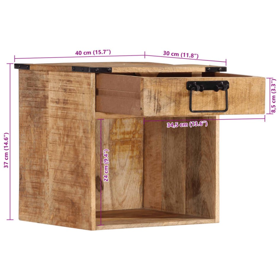 Mesita de noche madera maciza de mango 40x30x37