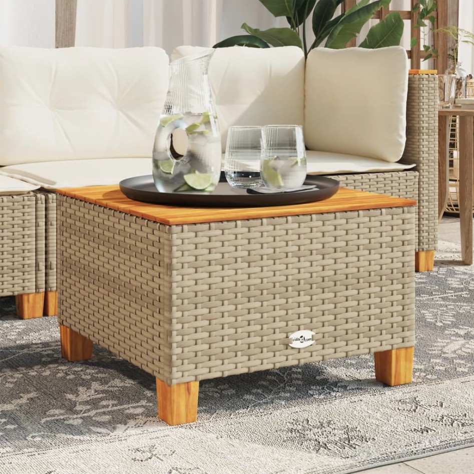 Mesa de jardín ratán sintético madera acacia beige 55x55x36