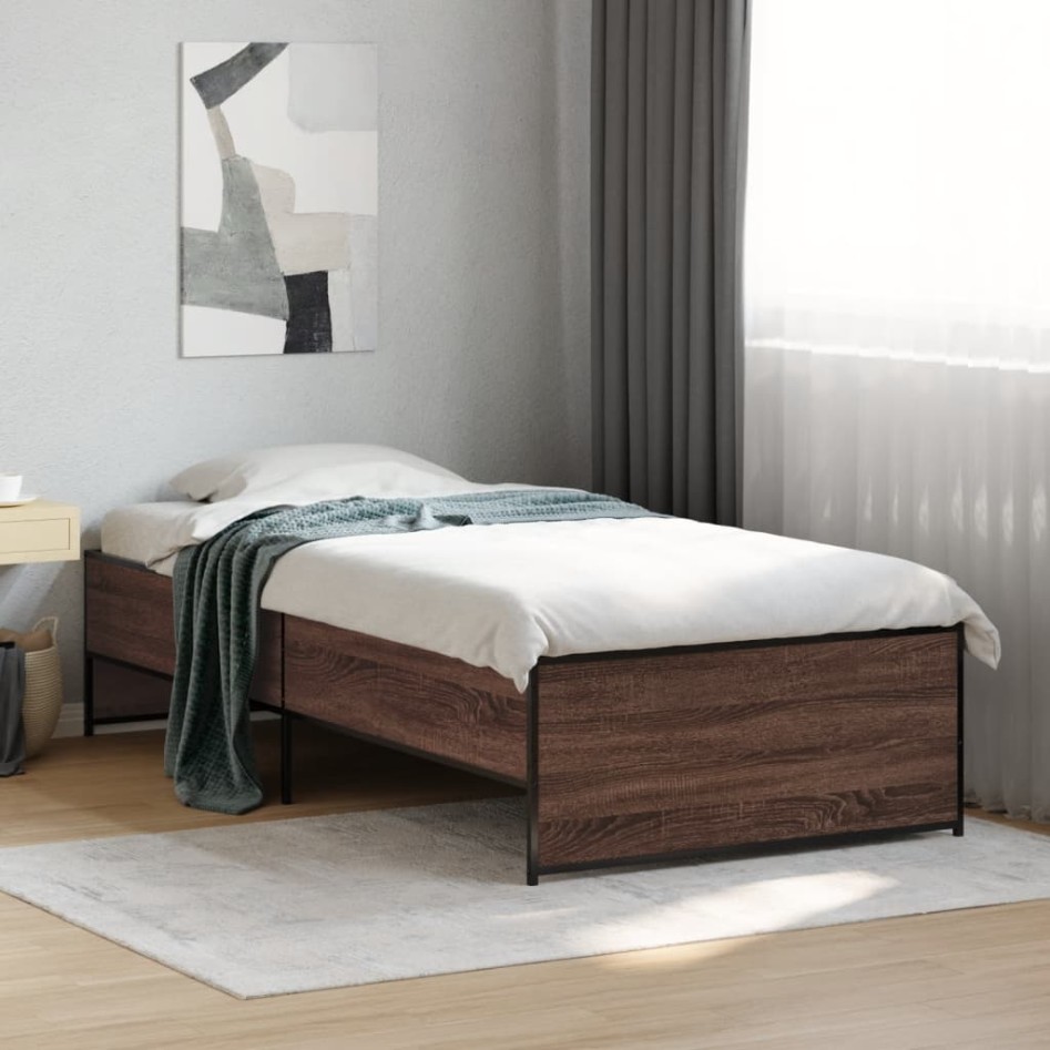 Estructura cama madera ingeniería metal roble marrón 90x200