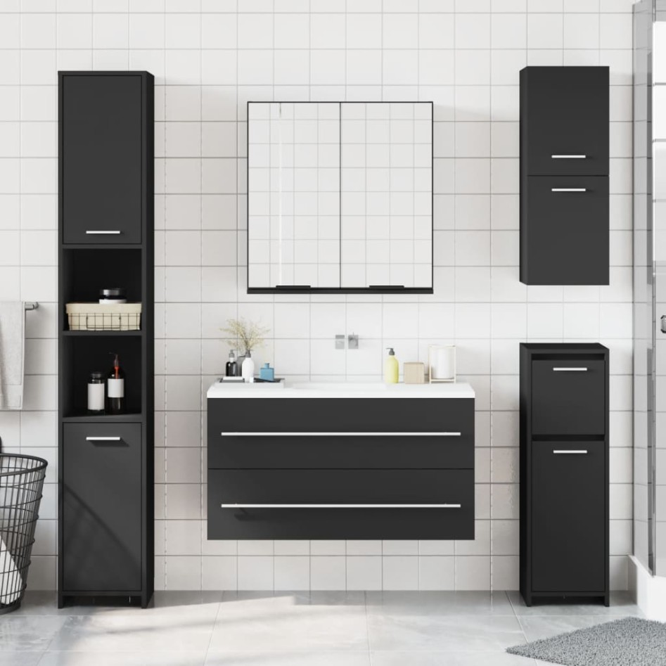 Armario de baño con espejo madera ingeniería negro 64x20x67