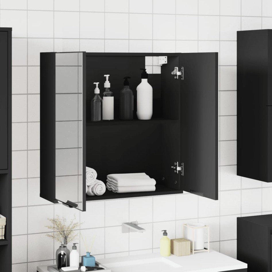 Armario de baño con espejo madera ingeniería negro 64x20x67