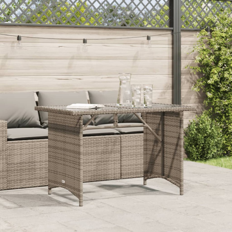 Mesa de jardín superficie de vidrio ratán PE gris 110x68x70