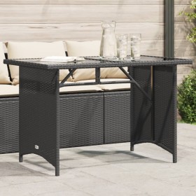 Mesa de jardín superficie de vidrio ratán PE negro 110x68x70