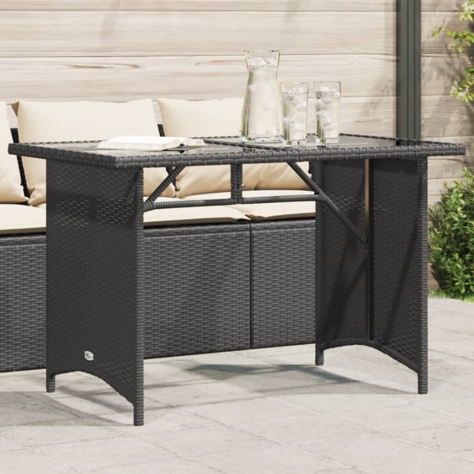 Mesa de jardín superficie de vidrio ratán PE negro 110x68x70