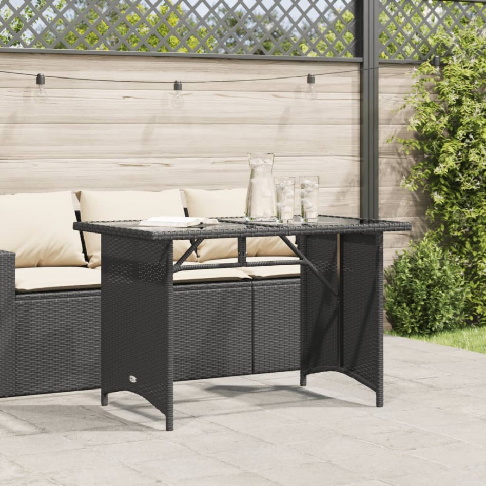 Mesa de jardín superficie de vidrio ratán PE negro 110x68x70