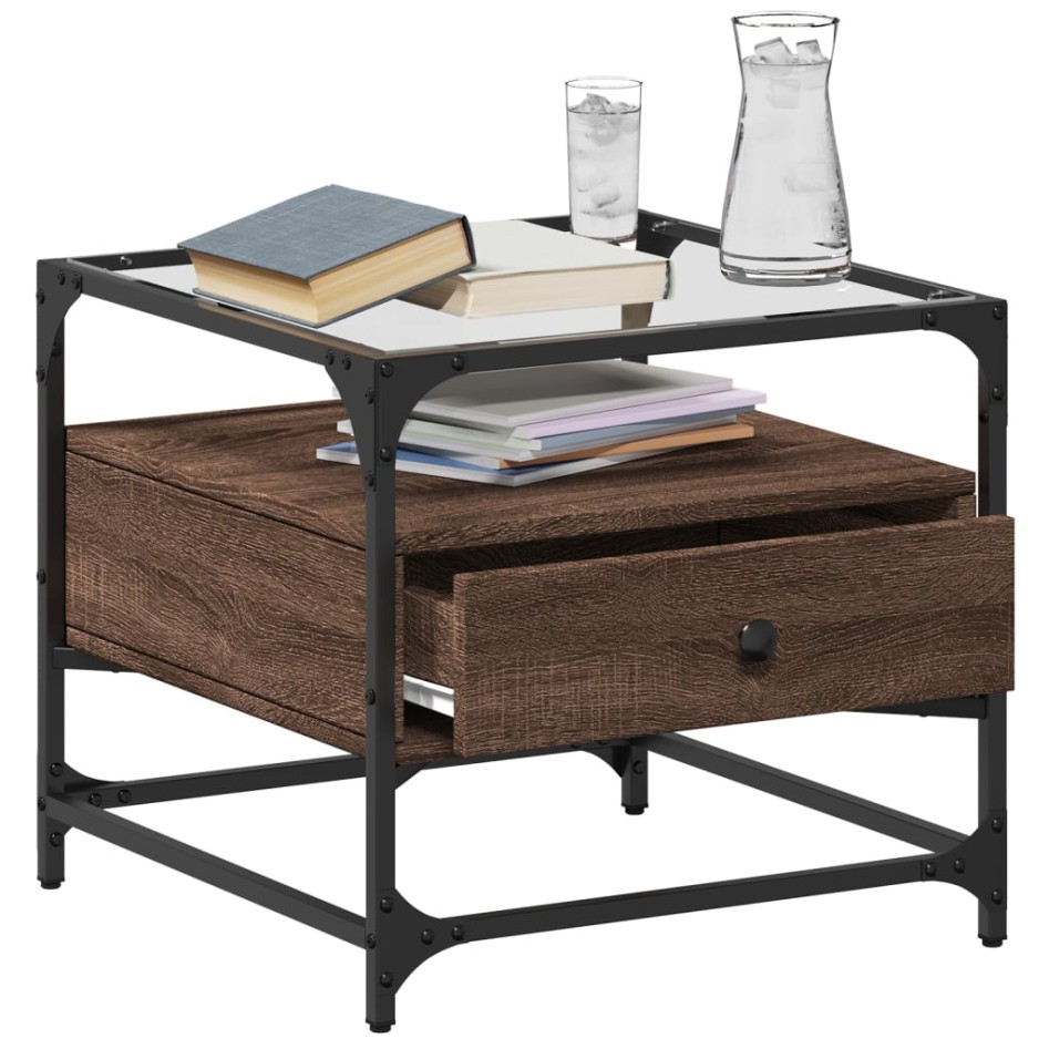 Mesa de centro con puertas de vidrio marrón roble 50x50x45