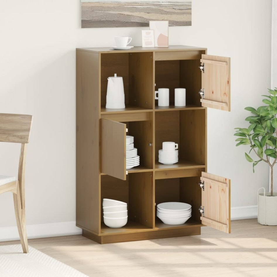Aparador alto de madera maciza de pino marrón miel 74x35x117