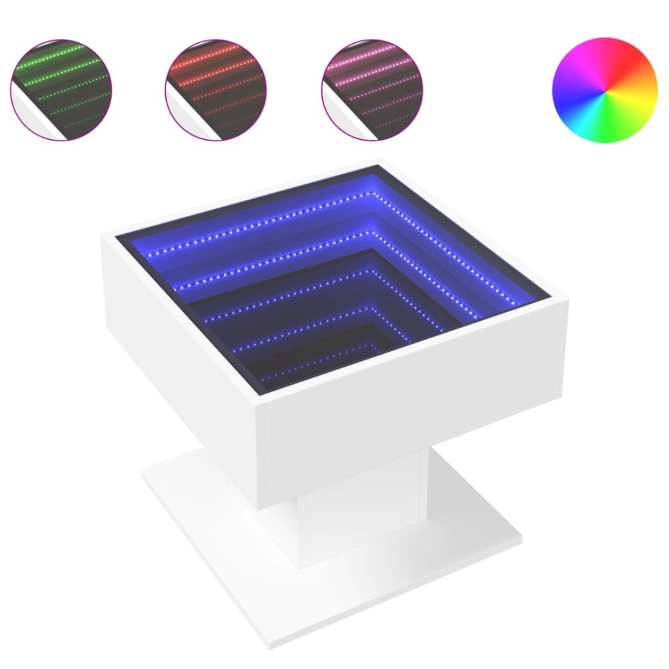 Mesa de centro con luz LED madera ingeniería blanca 50x50x45