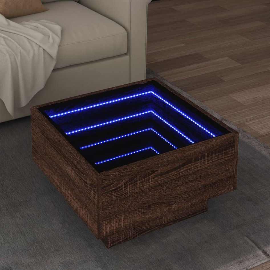 Mesa de centro y LED madera ingeniería marrón roble 50x50x30