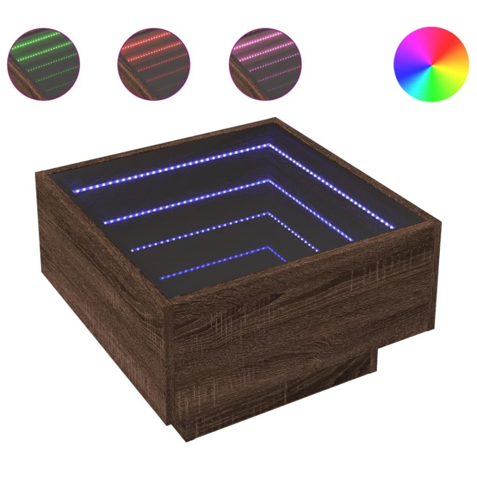 Mesa de centro y LED madera ingeniería marrón roble 50x50x30