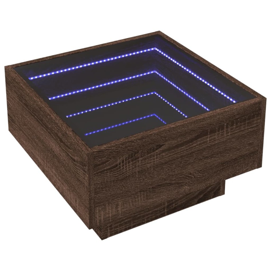 Mesa de centro y LED madera ingeniería marrón roble 50x50x30