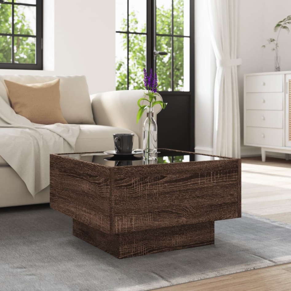 Mesa de centro y LED madera ingeniería marrón roble 50x50x30