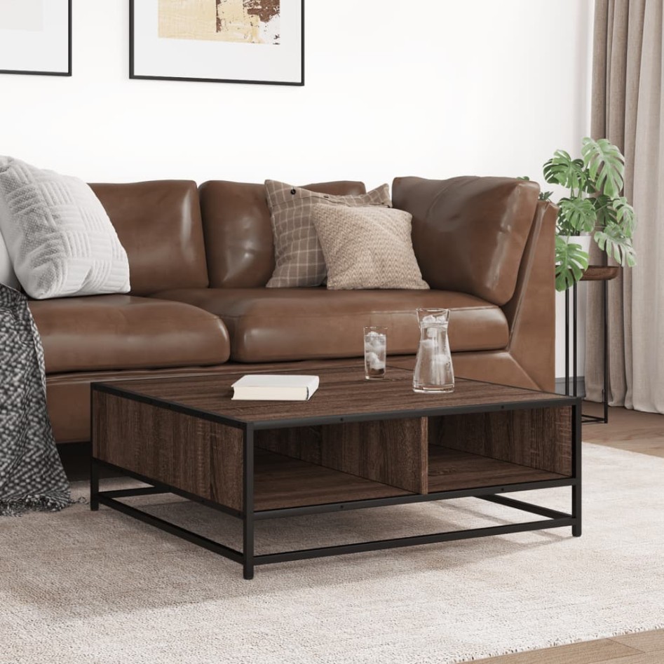 Mesa de centro madera ingeniería metal marrón roble 80x80x30