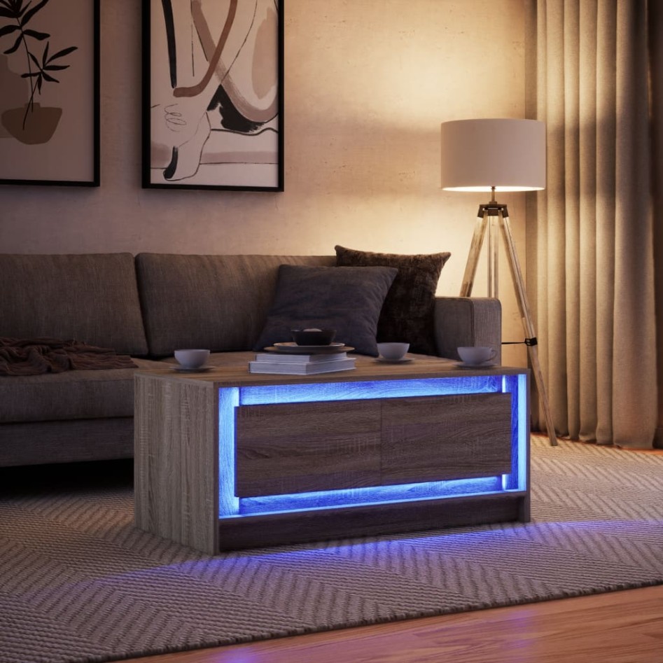 Mesa de centro con luces LED madera de ingeniería roble
