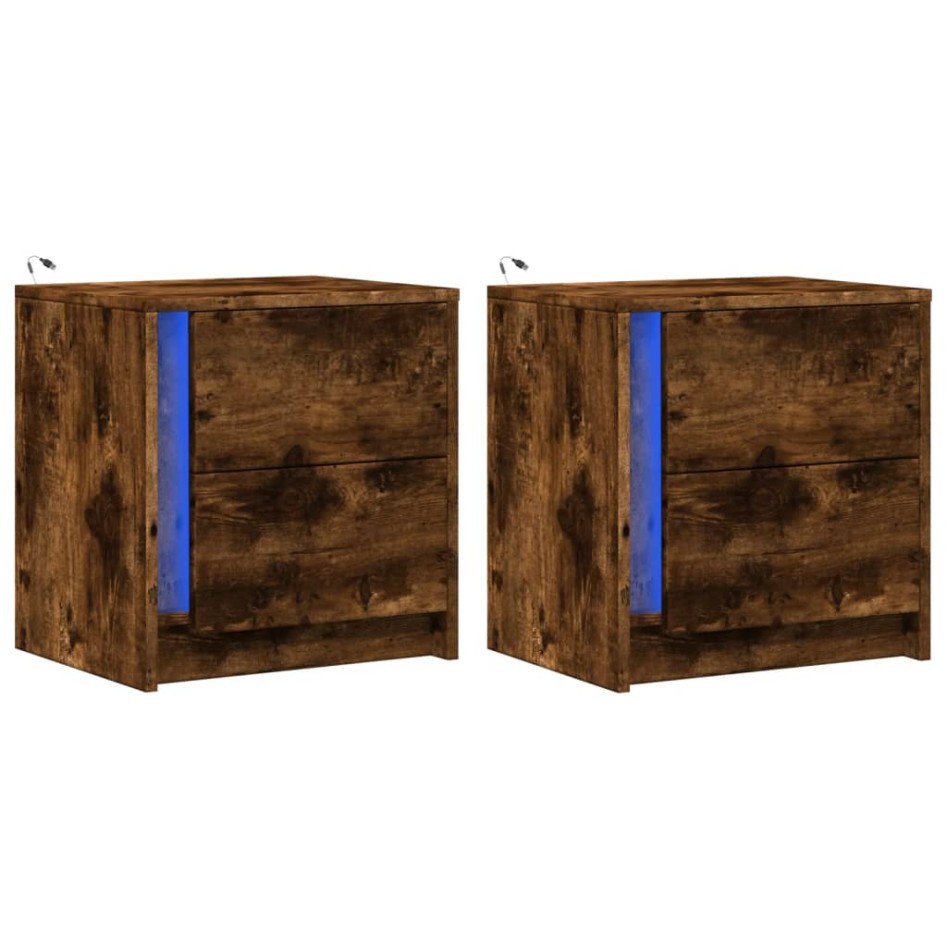 Mesita de noche luces LED 2 uds madera ingeniería roble