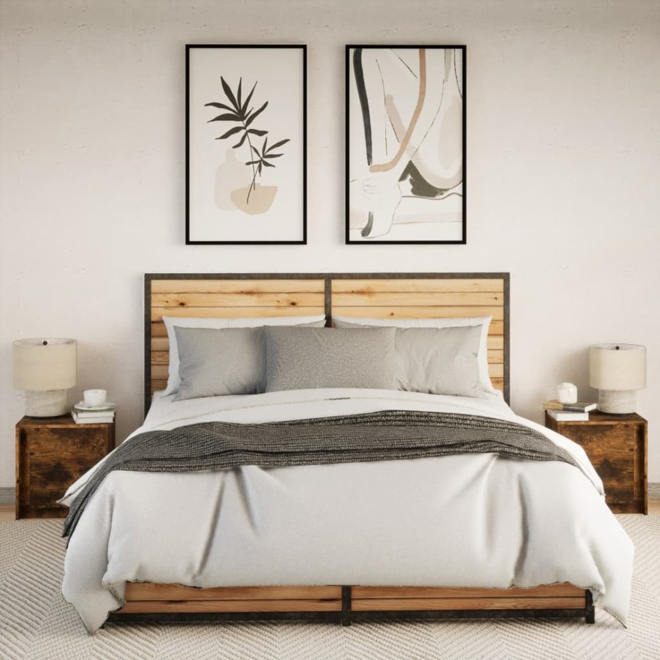 Mesita de noche luces LED 2 uds madera ingeniería roble