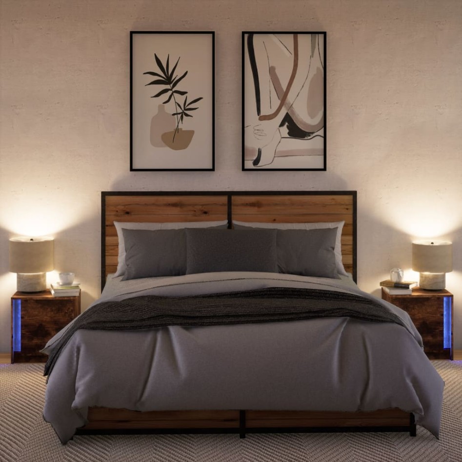 Mesita de noche luces LED 2 uds madera ingeniería roble