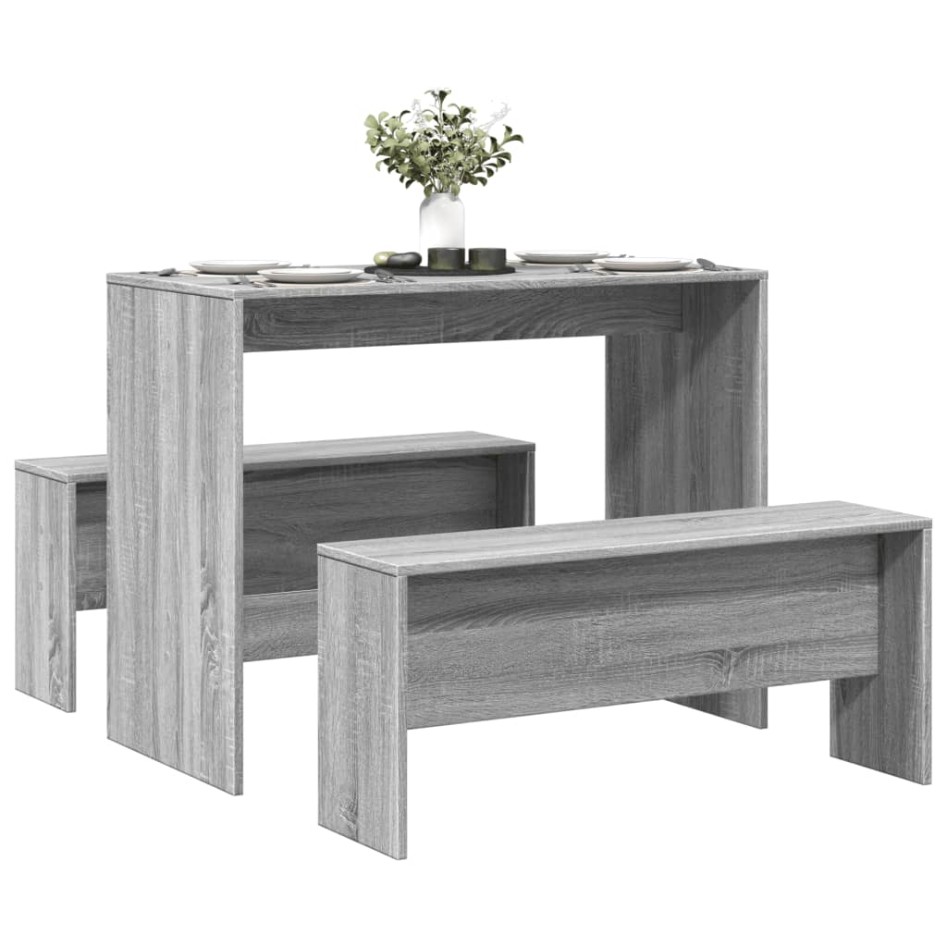 Mesa y bancos de comedor 3 piezas madera ingeniería gris