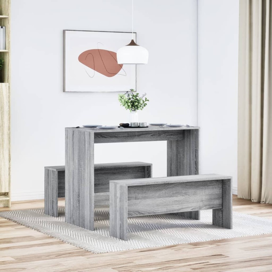 Mesa y bancos de comedor 3 piezas madera ingeniería gris