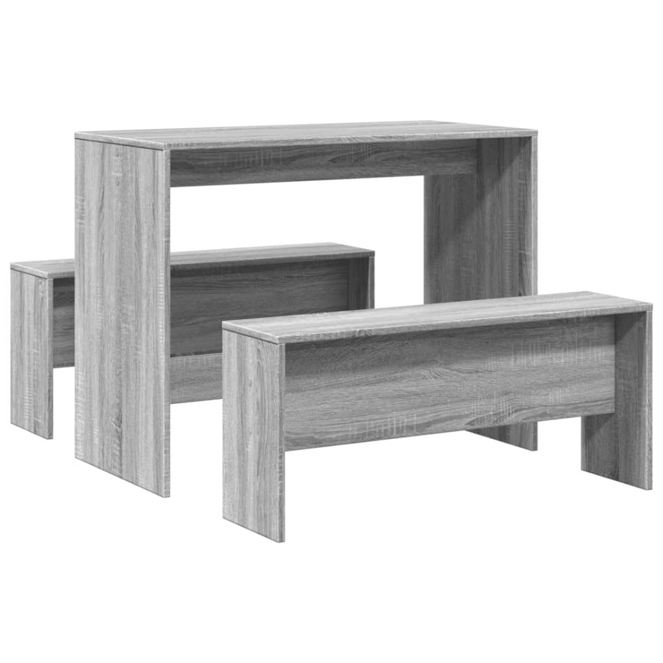 Mesa y bancos de comedor 3 piezas madera ingeniería gris