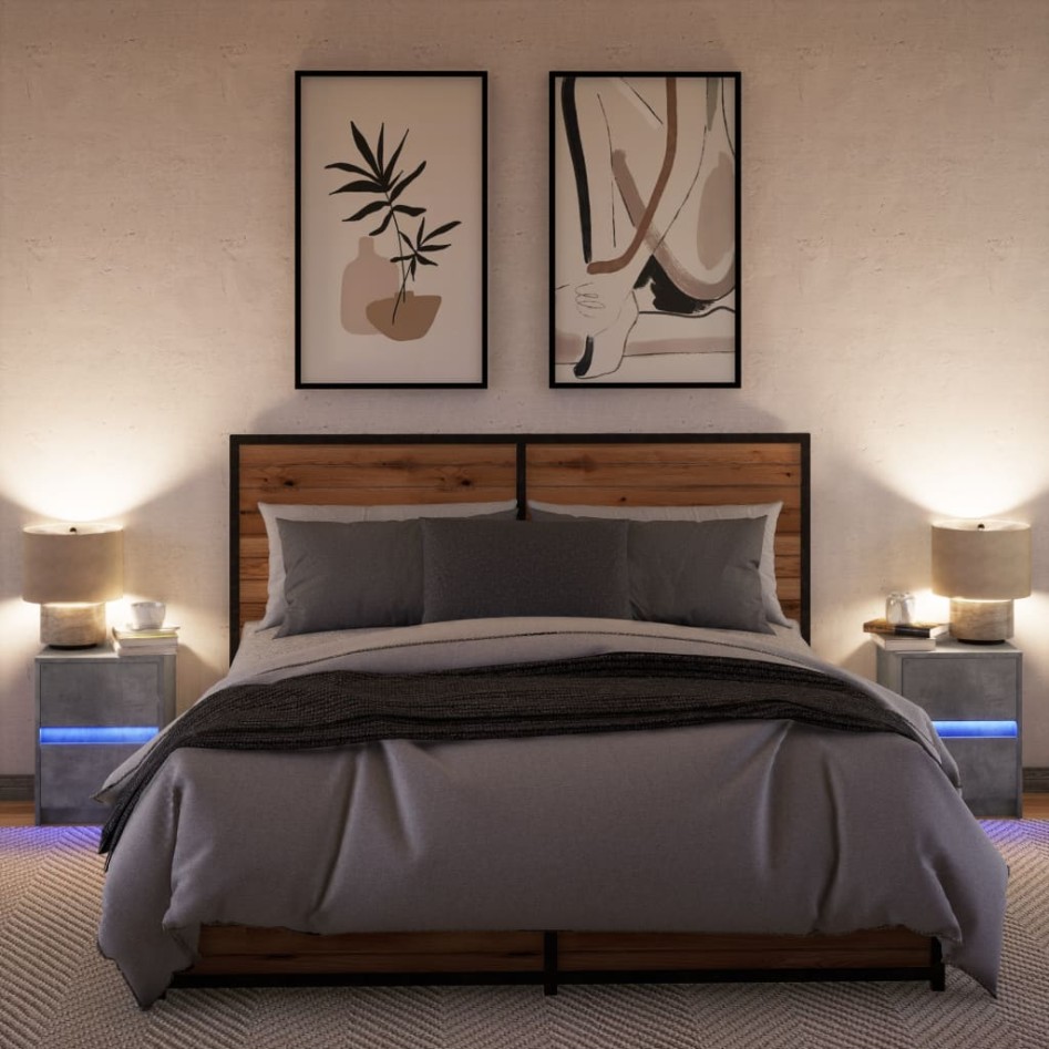 Mesita de noche luces LED 2 uds madera ingeniería gris