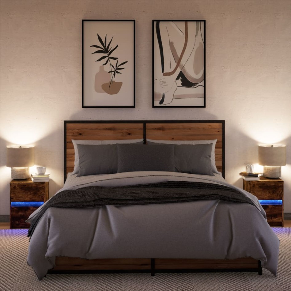 Mesita de noche luces LED 2 uds madera ingeniería roble