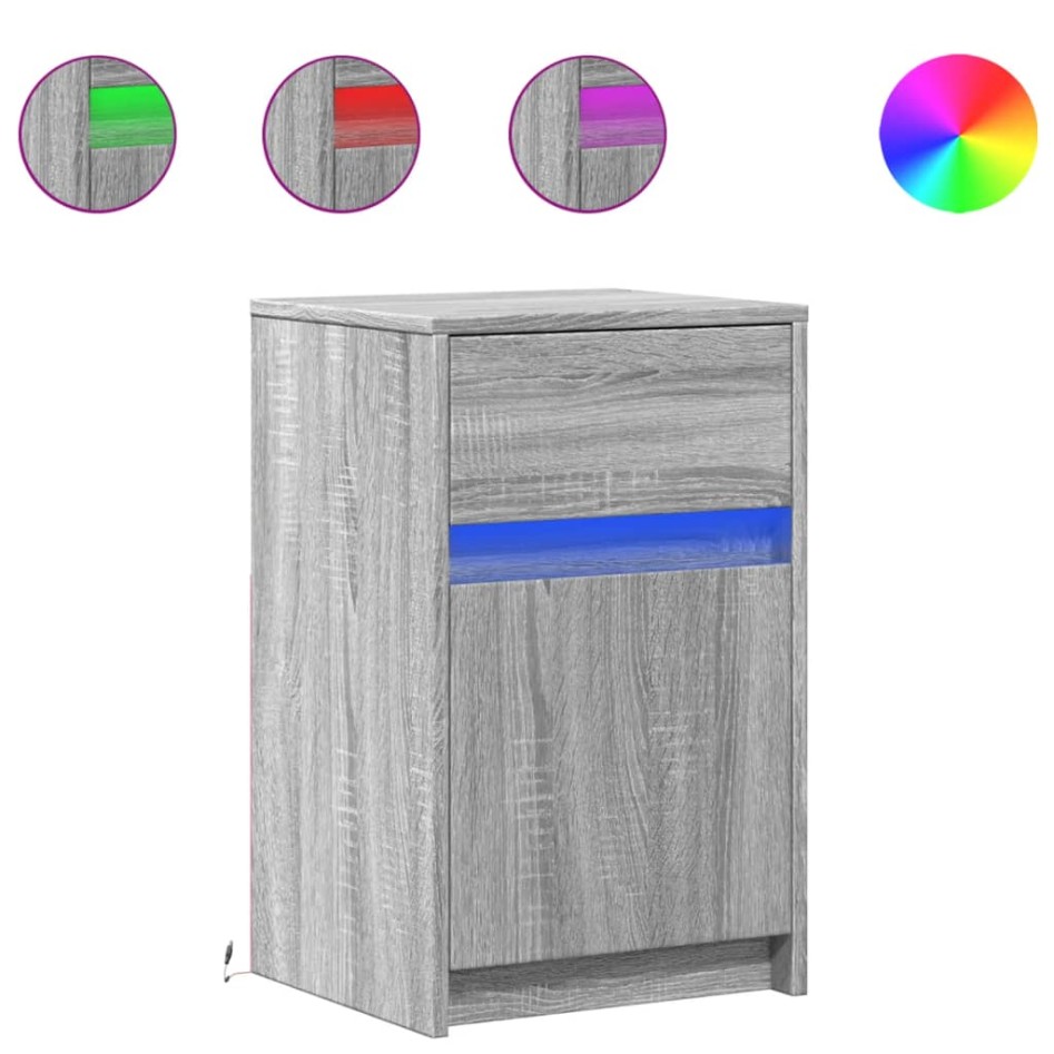 Mesitas de noche luces LED 2 uds madera ingeniería gris