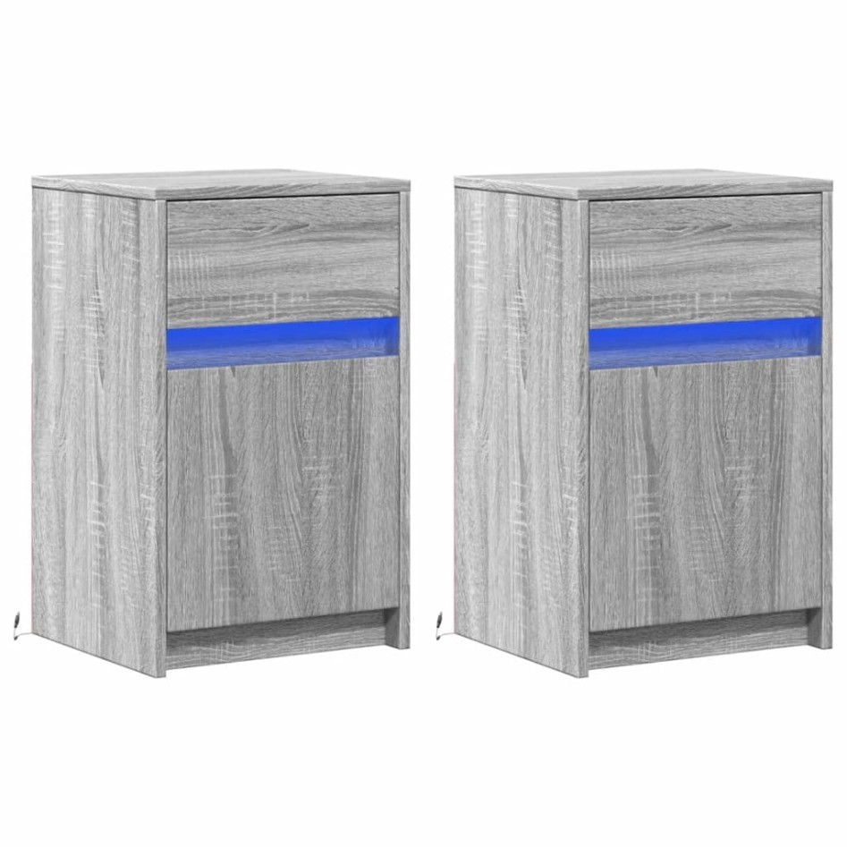 Mesitas de noche luces LED 2 uds madera ingeniería gris