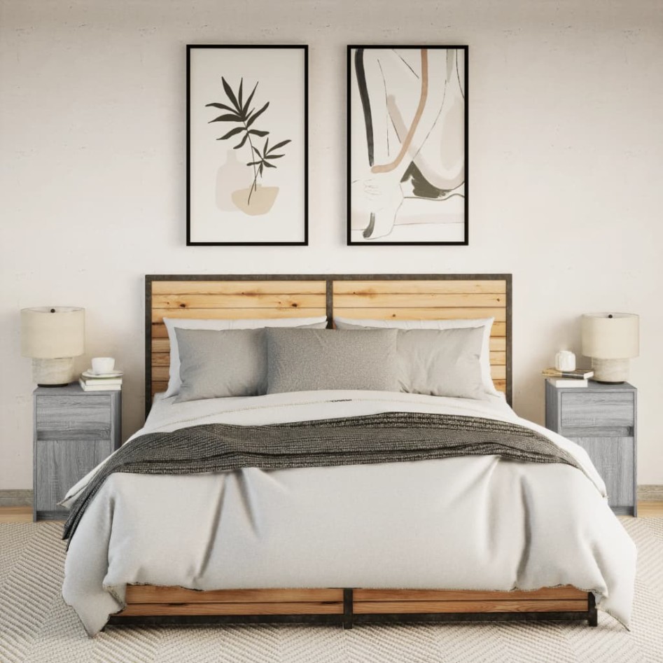 Mesitas de noche luces LED 2 uds madera ingeniería gris