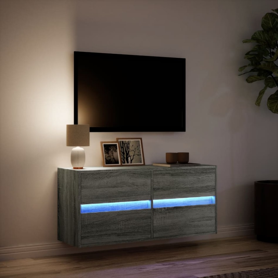 Mueble de TV de pared con luces LED gris Sonoma 100x31x45