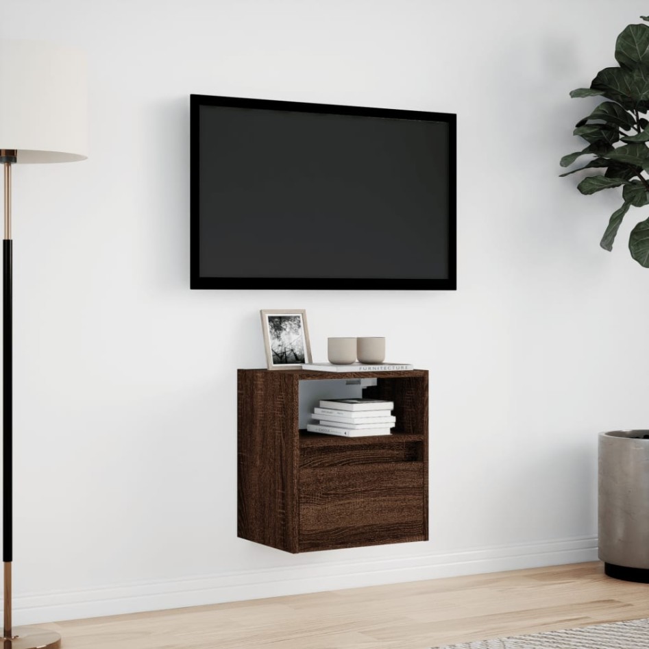 Mueble de TV de pared con luces LED marrón roble 41x31x45
