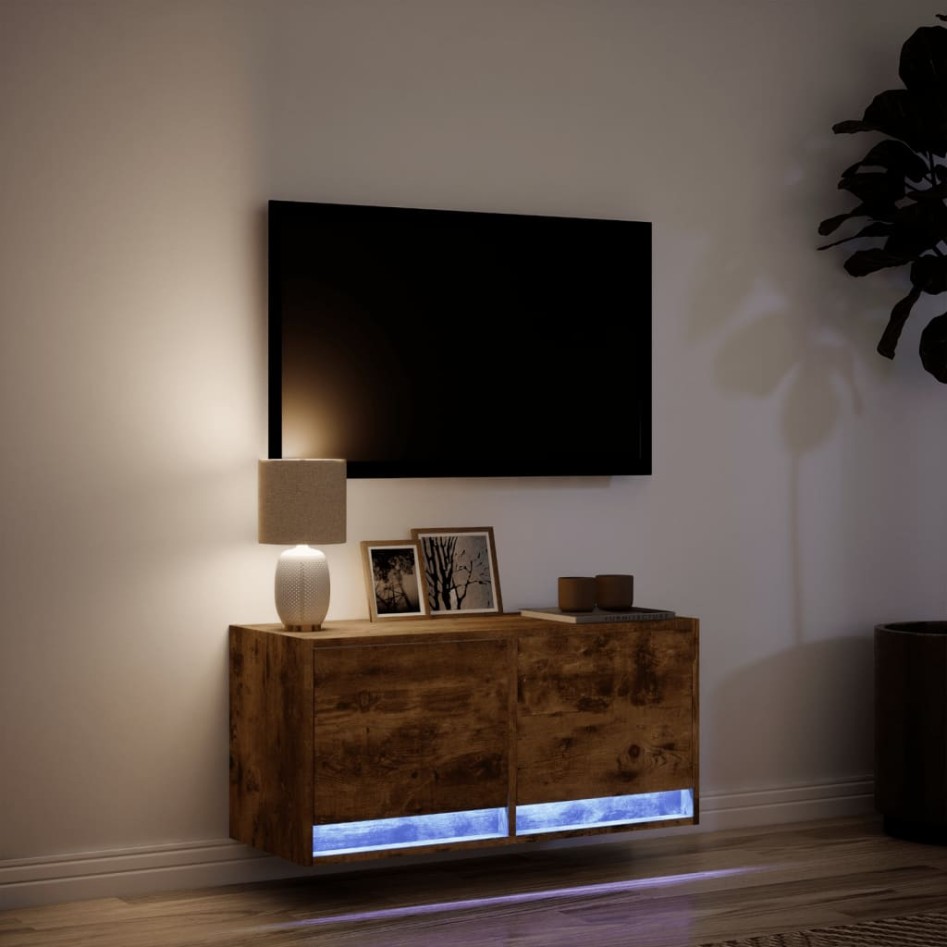 Mueble de TV de pared con luces LED roble ahumado 80x31x35