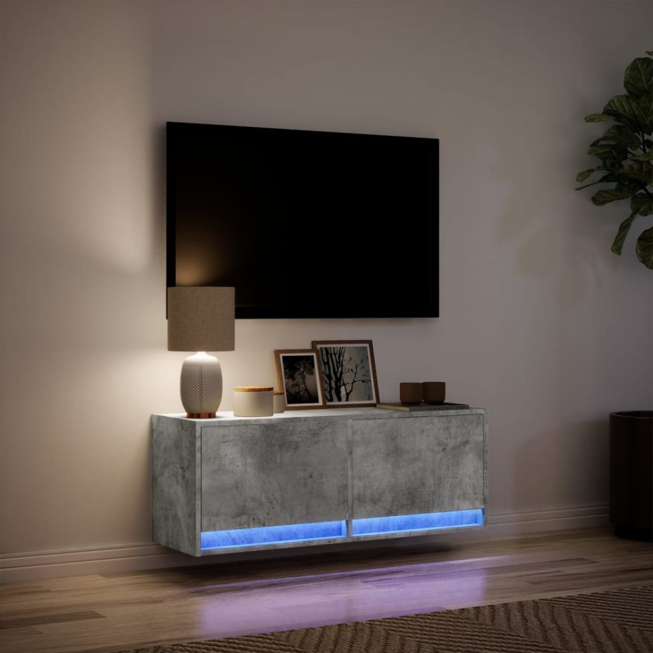 Mueble de TV de pared con luces LED gris hormigón 100x31x35