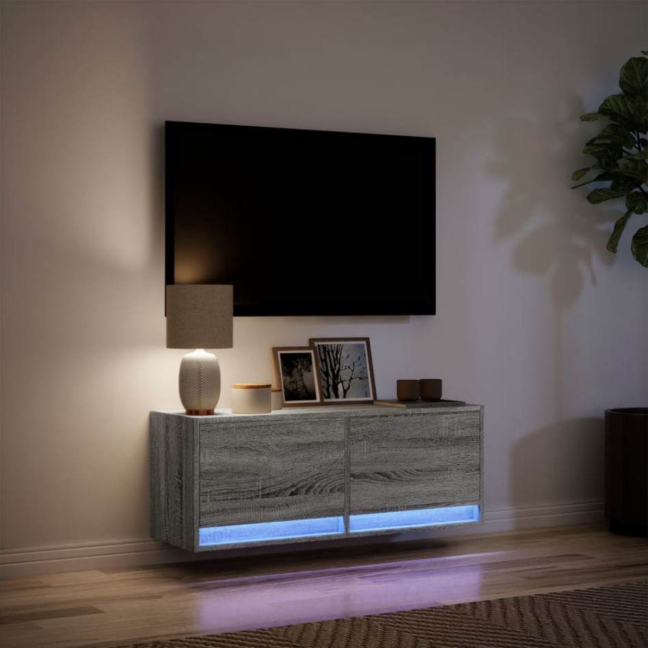 Mueble de TV de pared con luces LED gris Sonoma 100x31x35