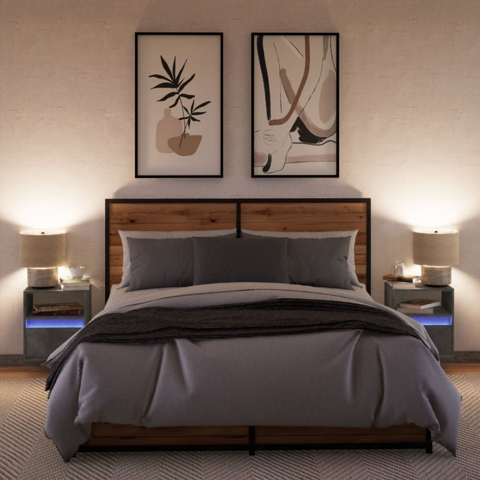 Mesitas de noche de pared con luces LED 2 uds gris