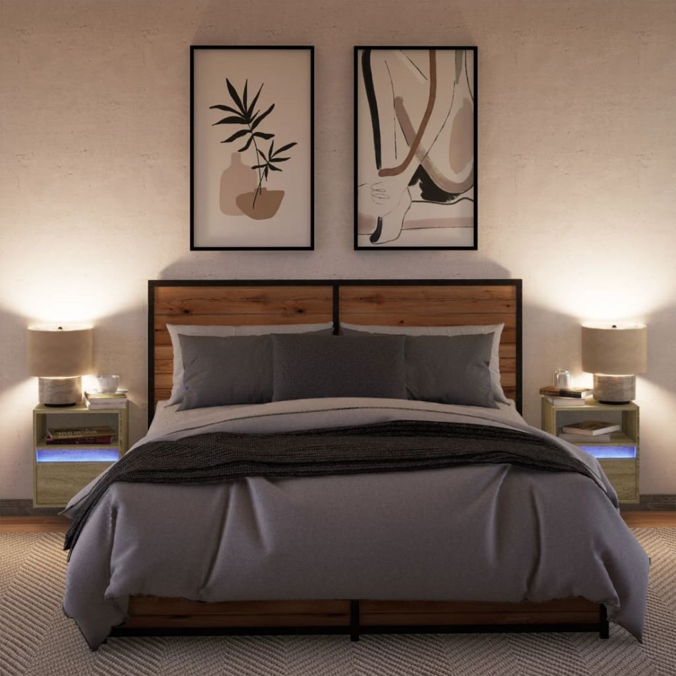 Mesitas de noche de pared con luces LED 2 unidades roble
