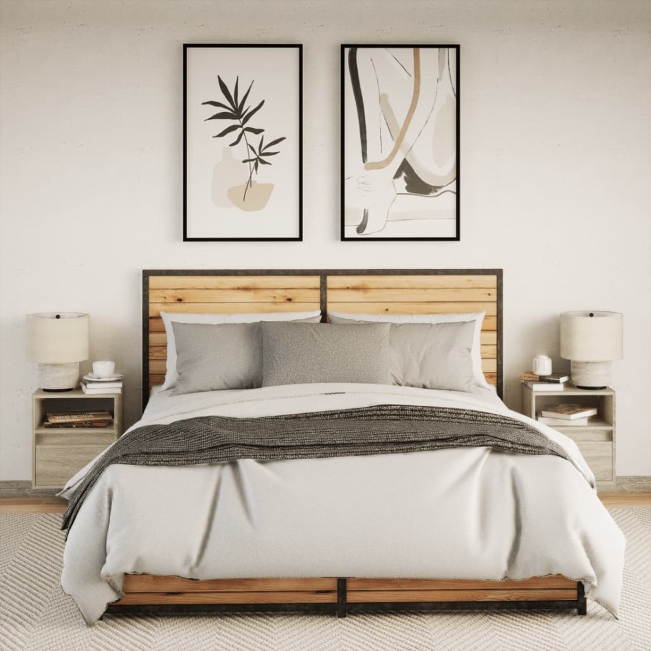 Mesitas de noche de pared con luces LED 2 unidades roble