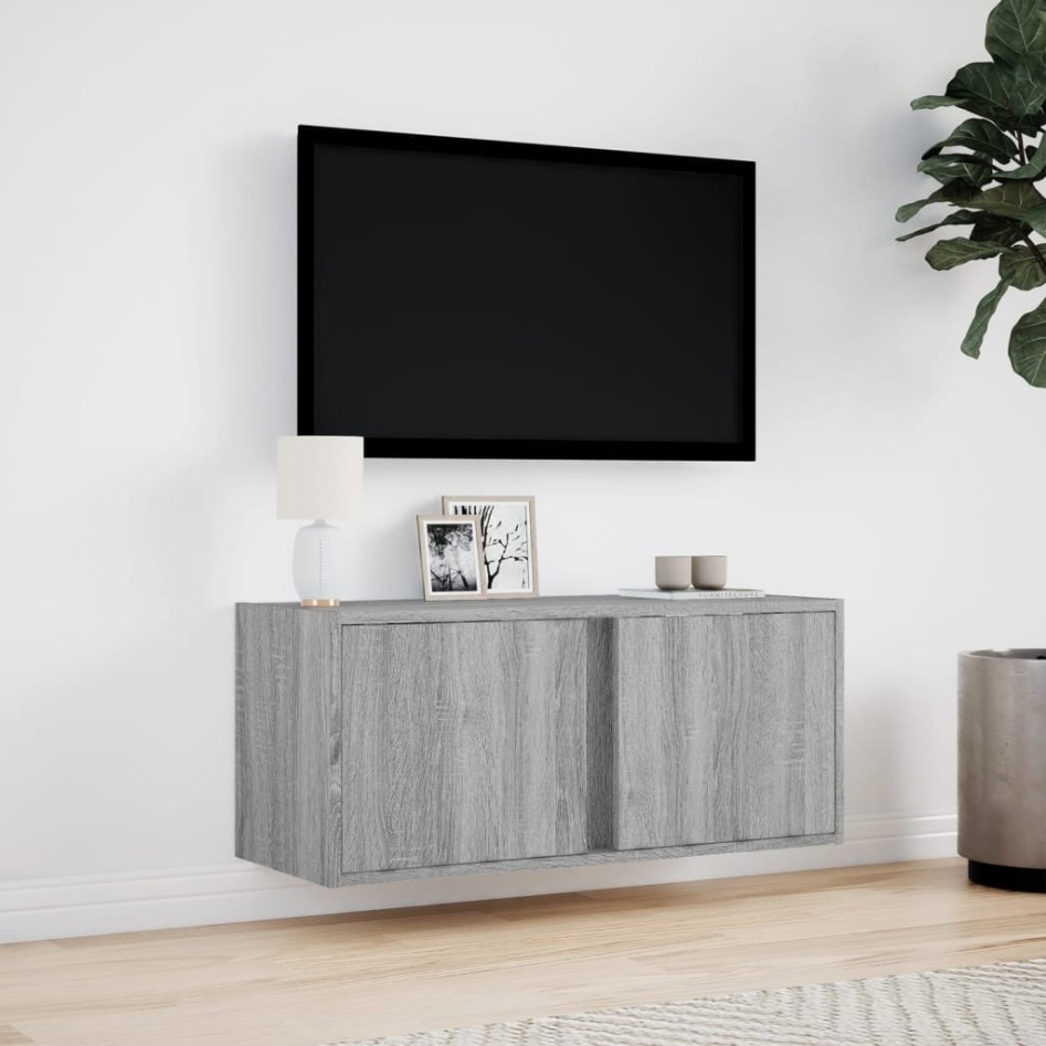 Mueble de TV de pared con luces LED gris Sonoma 80x31x35