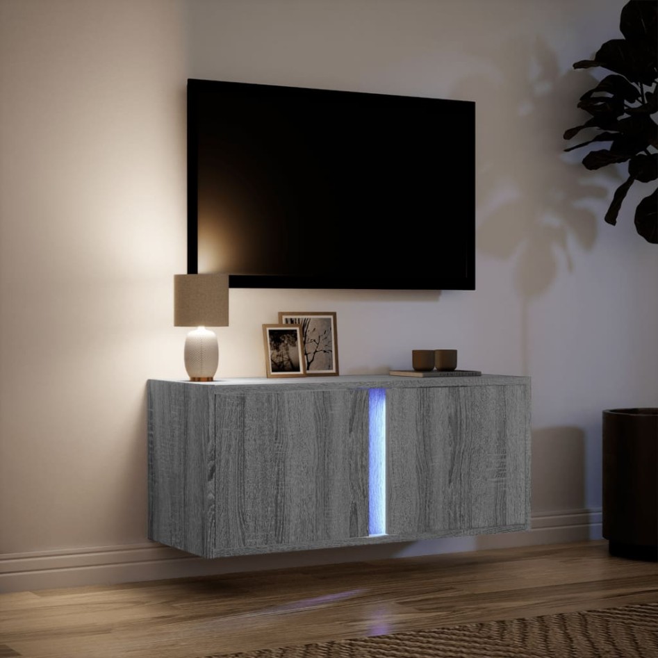 Mueble de TV de pared con luces LED gris Sonoma 80x31x35