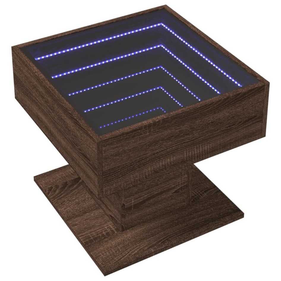 Mesa de centro y LED madera ingeniería marrón roble 50x50x45