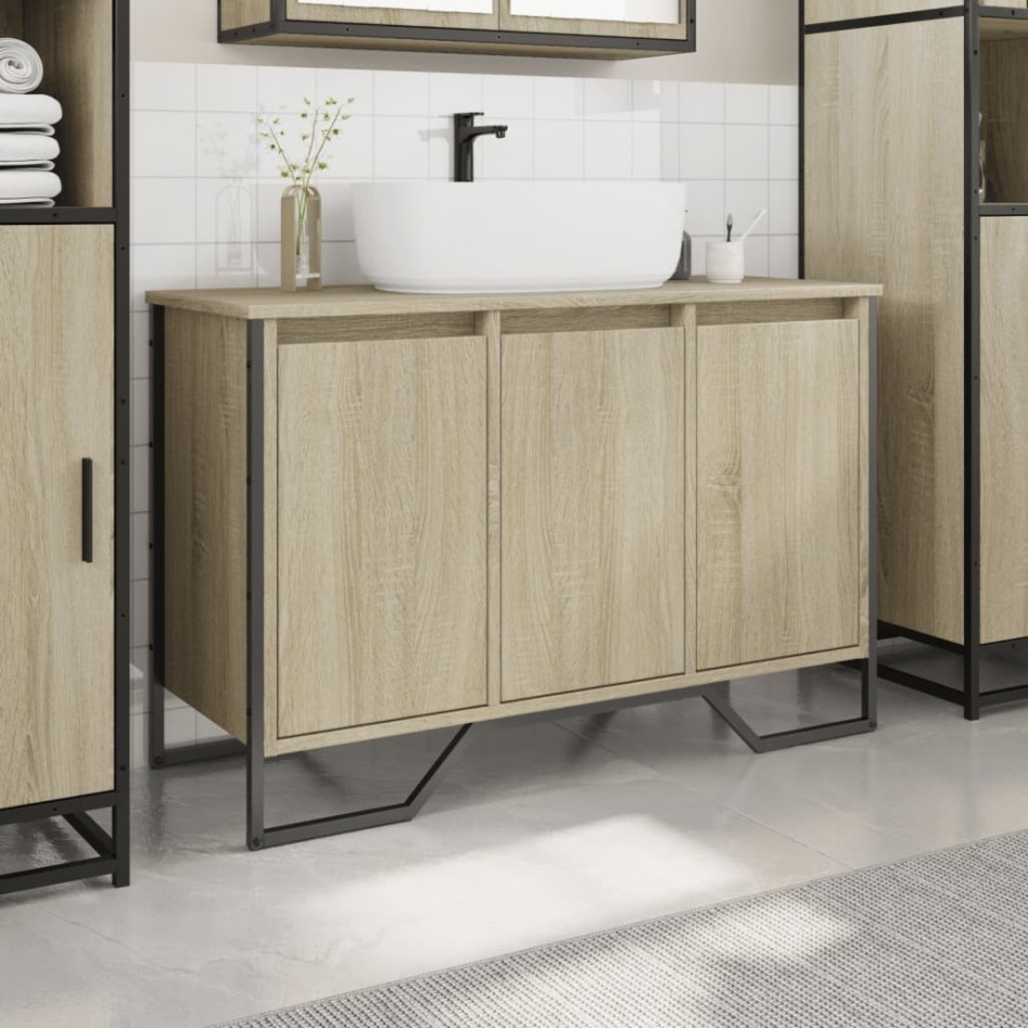 Armario lavabo baño madera ingeniería roble Sonoma 91x35x60