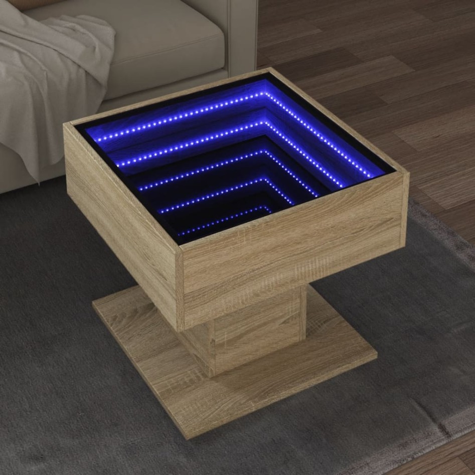 Mesa de centro y LED madera ingeniería roble Sonoma 50x50x45