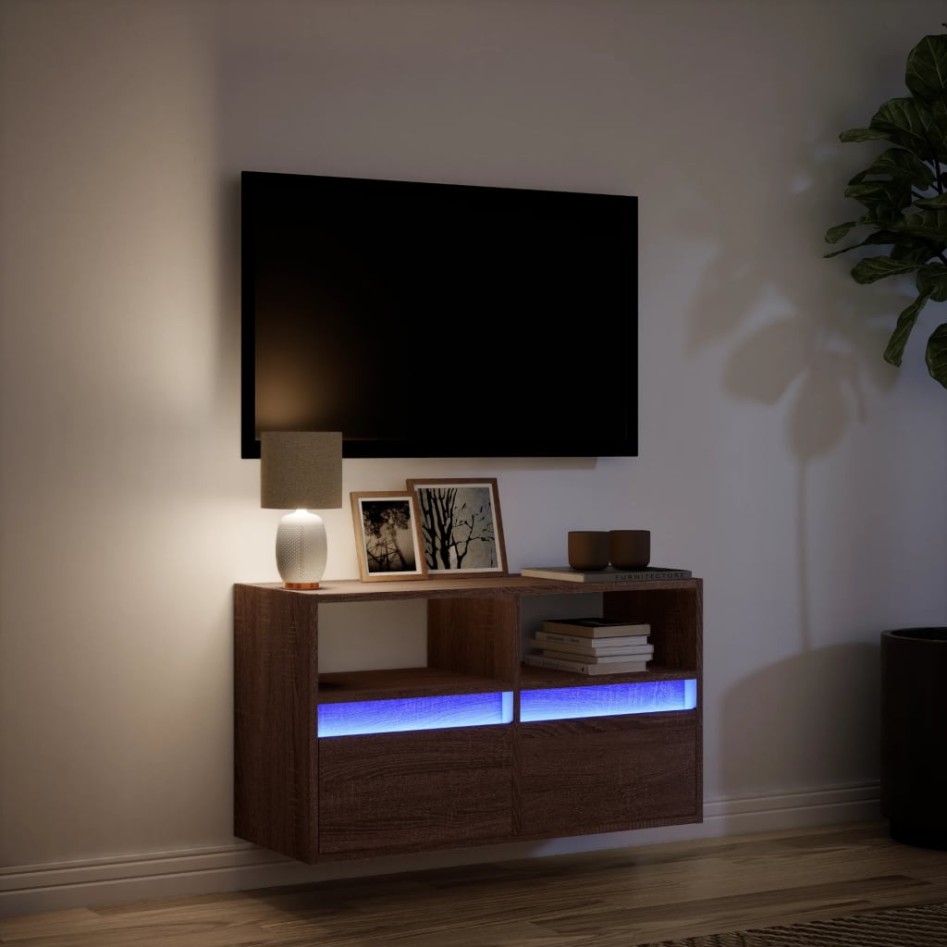 Mueble de TV de pared con luces LED marrón roble 80x31x45
