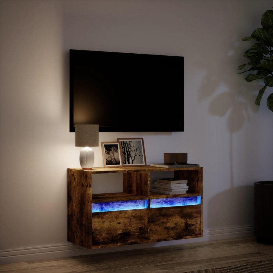 Mueble de TV de pared con luces LED roble ahumado 80x31x45