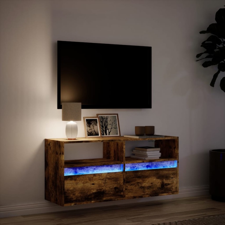 Mueble de TV de pared con luces LED roble ahumado 100x31x45