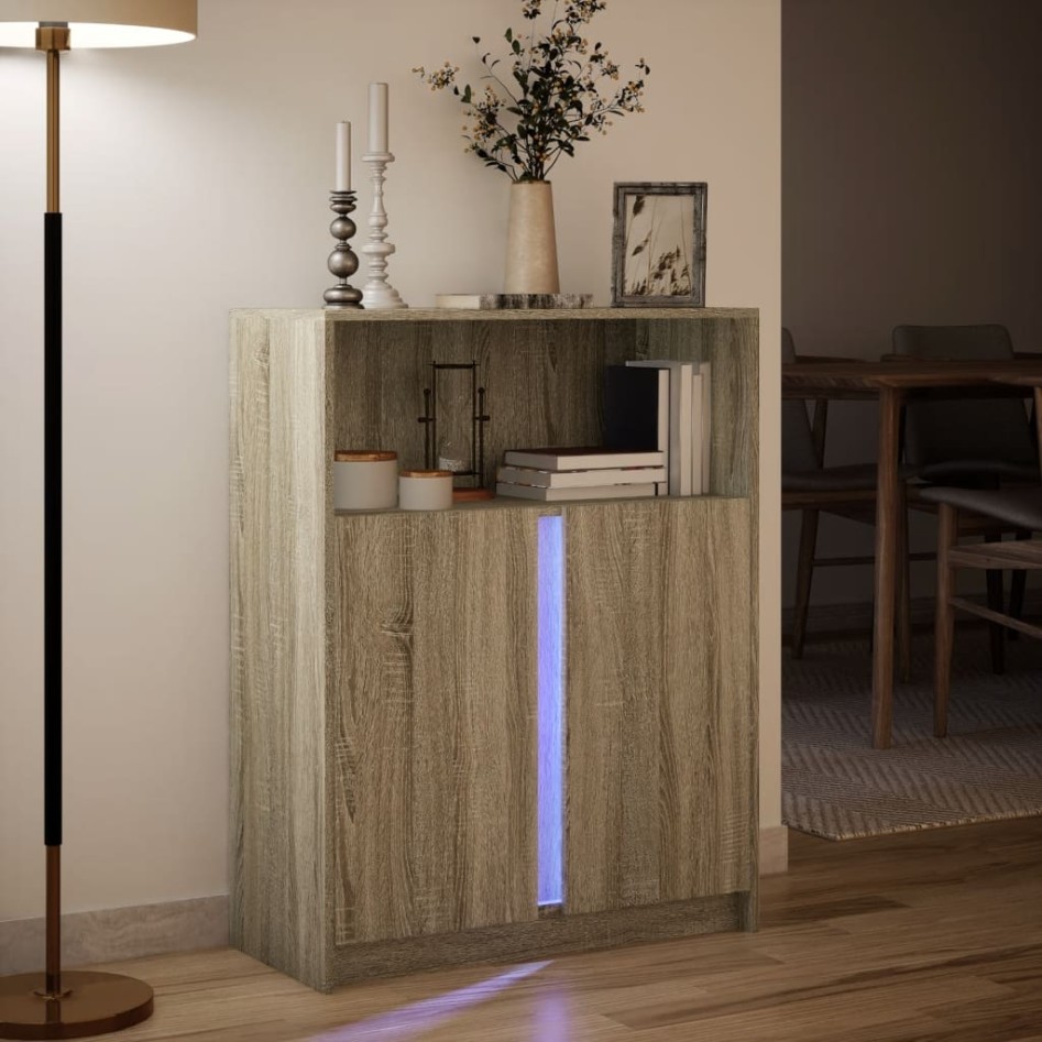 Aparador con LED madera de ingeniería roble Sonoma 77x34x100