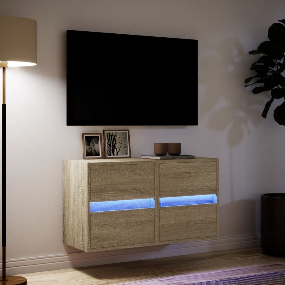 Muebles de TV de pared luces LED 2 uds roble Sonoma 41x31x45