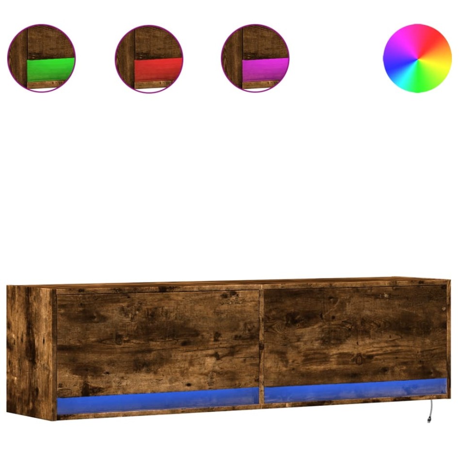 Mueble de TV de pared con luces LED roble ahumado 140x31x38