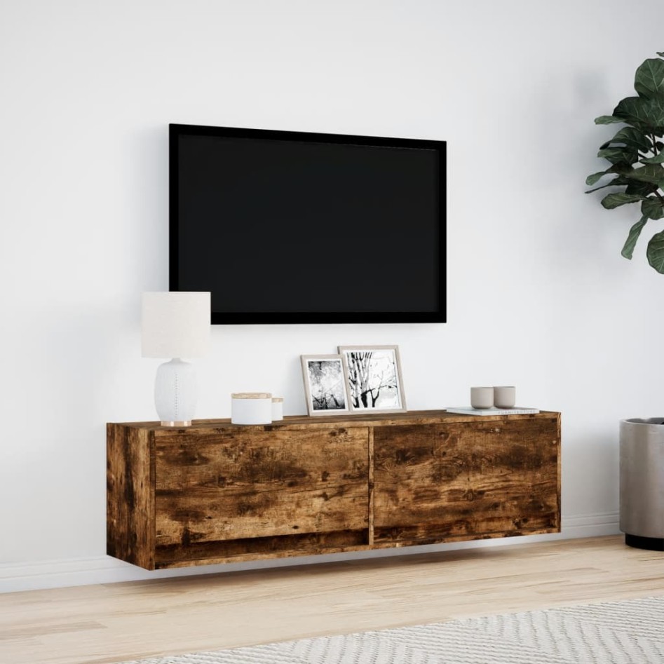 Mueble de TV de pared con luces LED roble ahumado 140x31x38